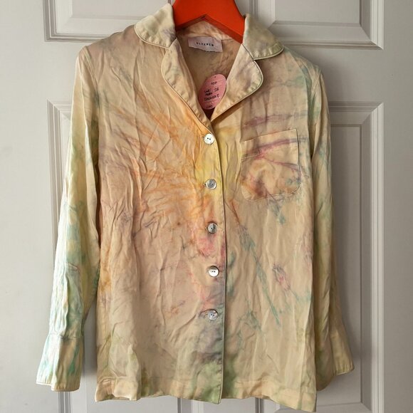 NWT Sleeper Silk Satin Pajama Set Tie Dye Yellow Mimosa Party Loungewear XS - Picture 1 of 10